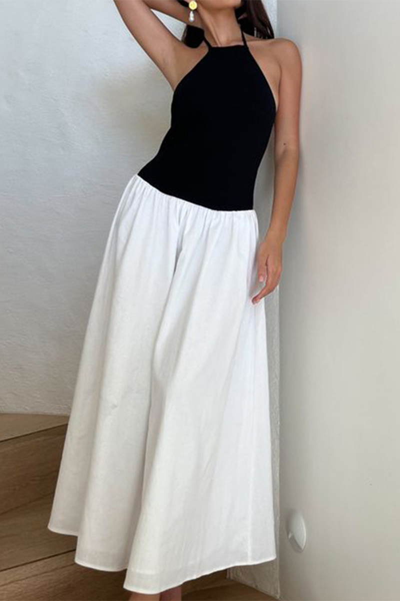 Vestidos sexys sin mangas con cuello halter, bolsillos y cordones en contraste