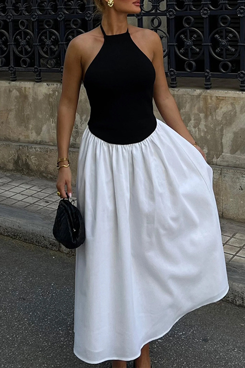 Vestidos sexys sin mangas con cuello halter, bolsillos y cordones en contraste