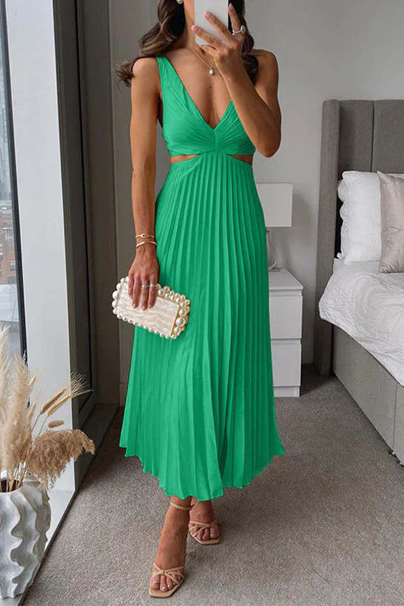 Vestido midi holgado con cintura recortada y plisado de verano (6 colores)