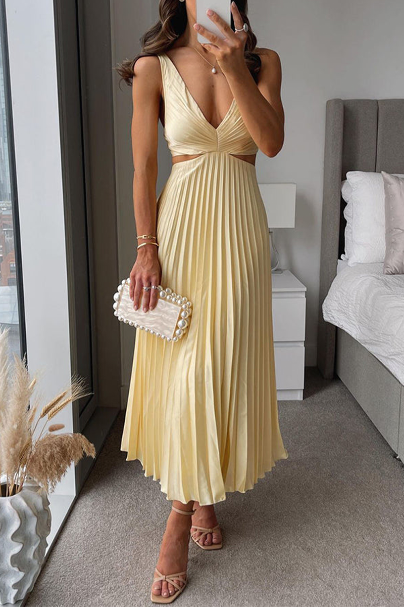 Vestido midi holgado con cintura recortada y plisado de verano (6 colores)