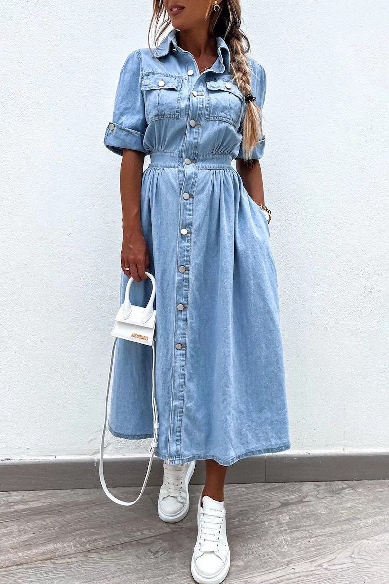 Vestidos vaqueros holgados informales de manga corta con cuello vuelto y botones de patchwork