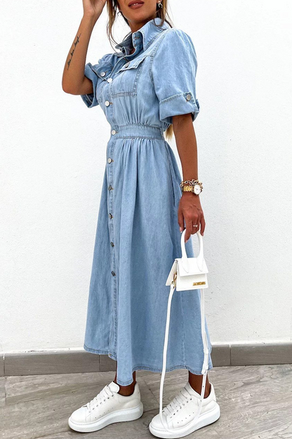 Vestidos vaqueros holgados informales de manga corta con cuello vuelto y botones de patchwork