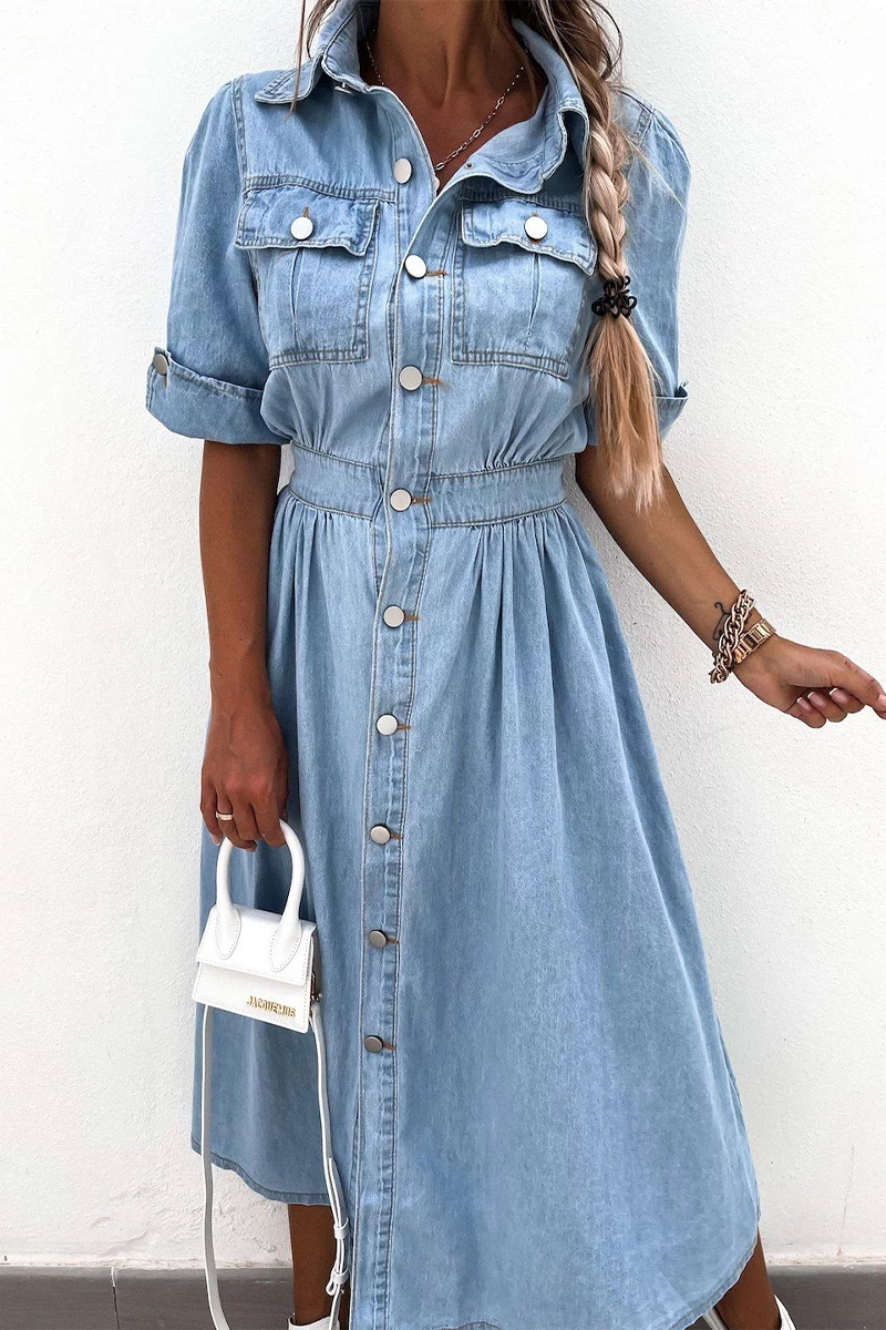 Vestidos vaqueros holgados informales de manga corta con cuello vuelto y botones de patchwork