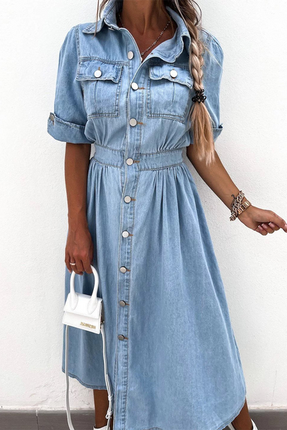 Vestidos vaqueros holgados informales de manga corta con cuello vuelto y botones de patchwork