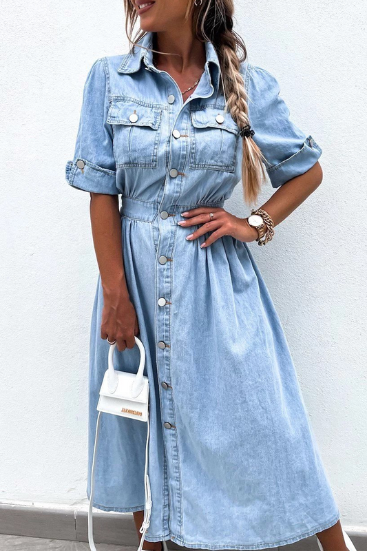 Vestidos vaqueros holgados informales de manga corta con cuello vuelto y botones de patchwork