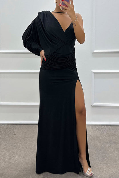 Vestidos de noche sexys con escote en V irregular y fruncido con abertura para graduación (4 colores)