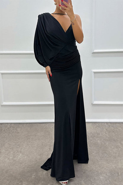 Vestidos de noche sexys con escote en V irregular y fruncido con abertura para graduación (4 colores)