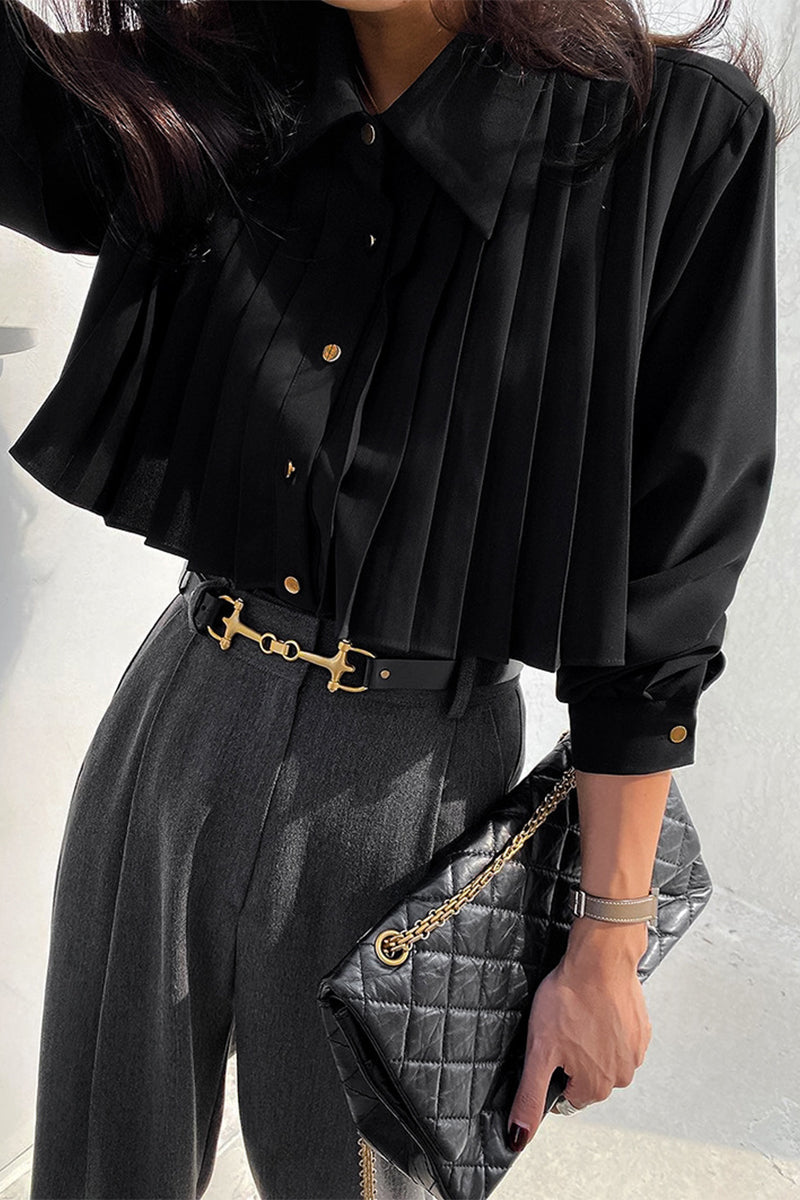 Blusas elegantes con botones, cuello vuelto y plisado