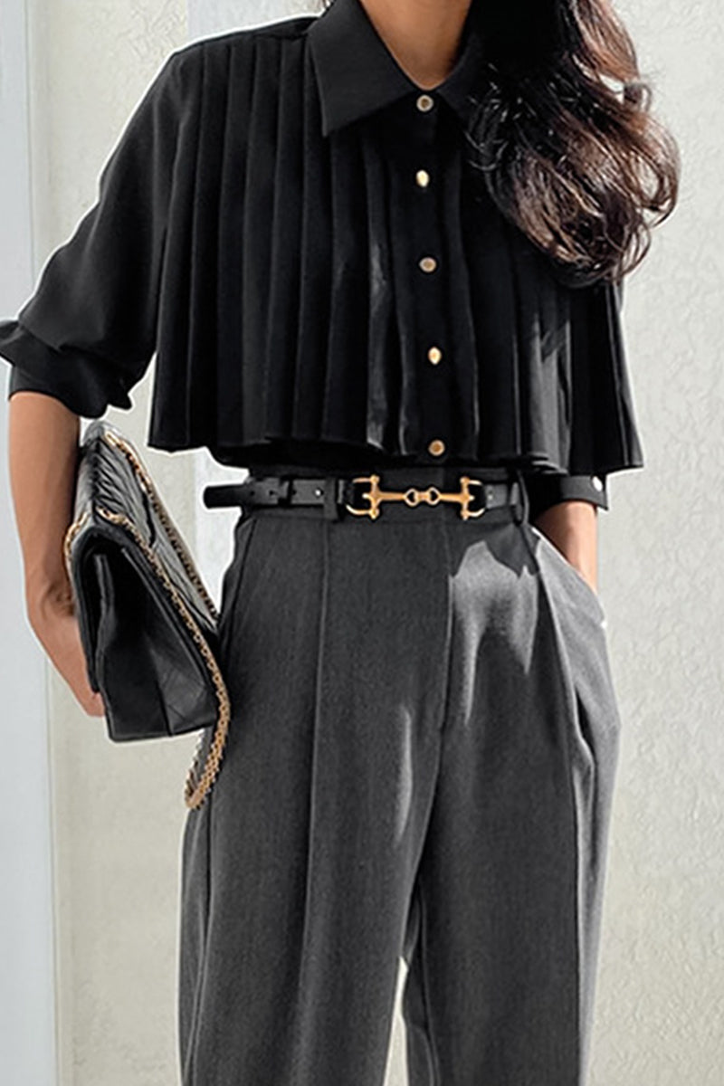 Blusas elegantes con botones, cuello vuelto y plisado