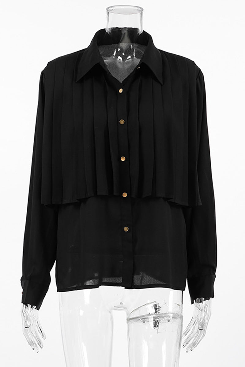Blusas elegantes con botones, cuello vuelto y plisado