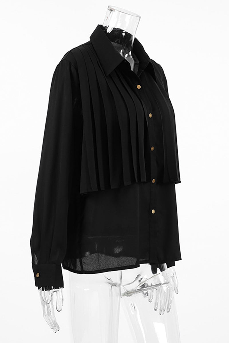 Blusas elegantes con botones, cuello vuelto y plisado