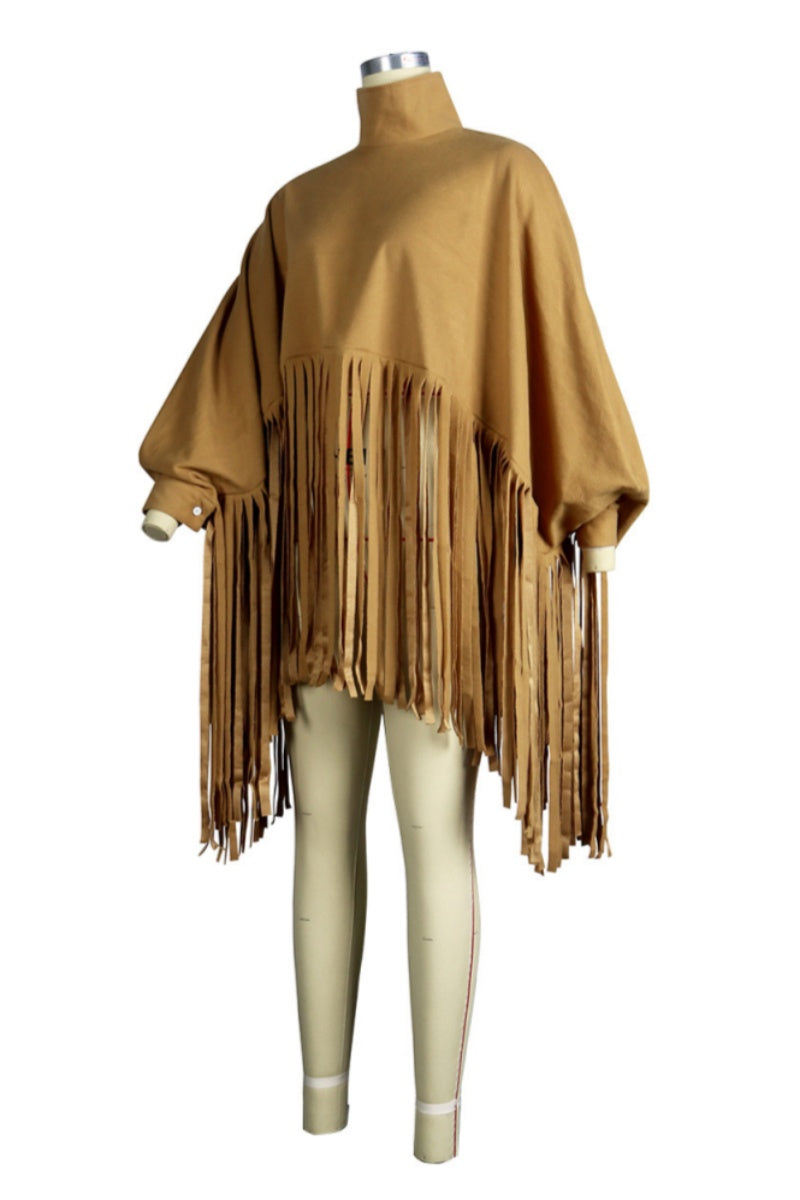 Tops casuales de cuello alto con flecos en color liso (6 colores)