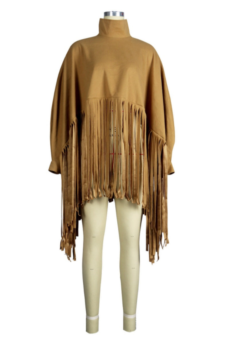 Tops casuales de cuello alto con flecos en color liso (6 colores)