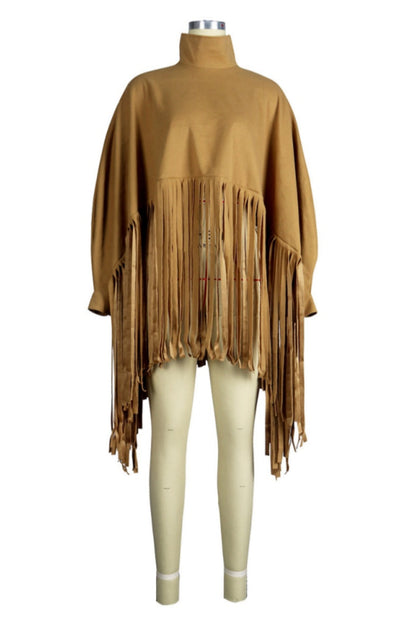 Tops casuales de cuello alto con flecos en color liso (6 colores)