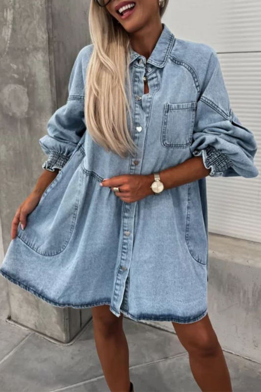Vestidos vaqueros holgados informales de calle con bolsillos, botones, cuello vuelto, manga larga