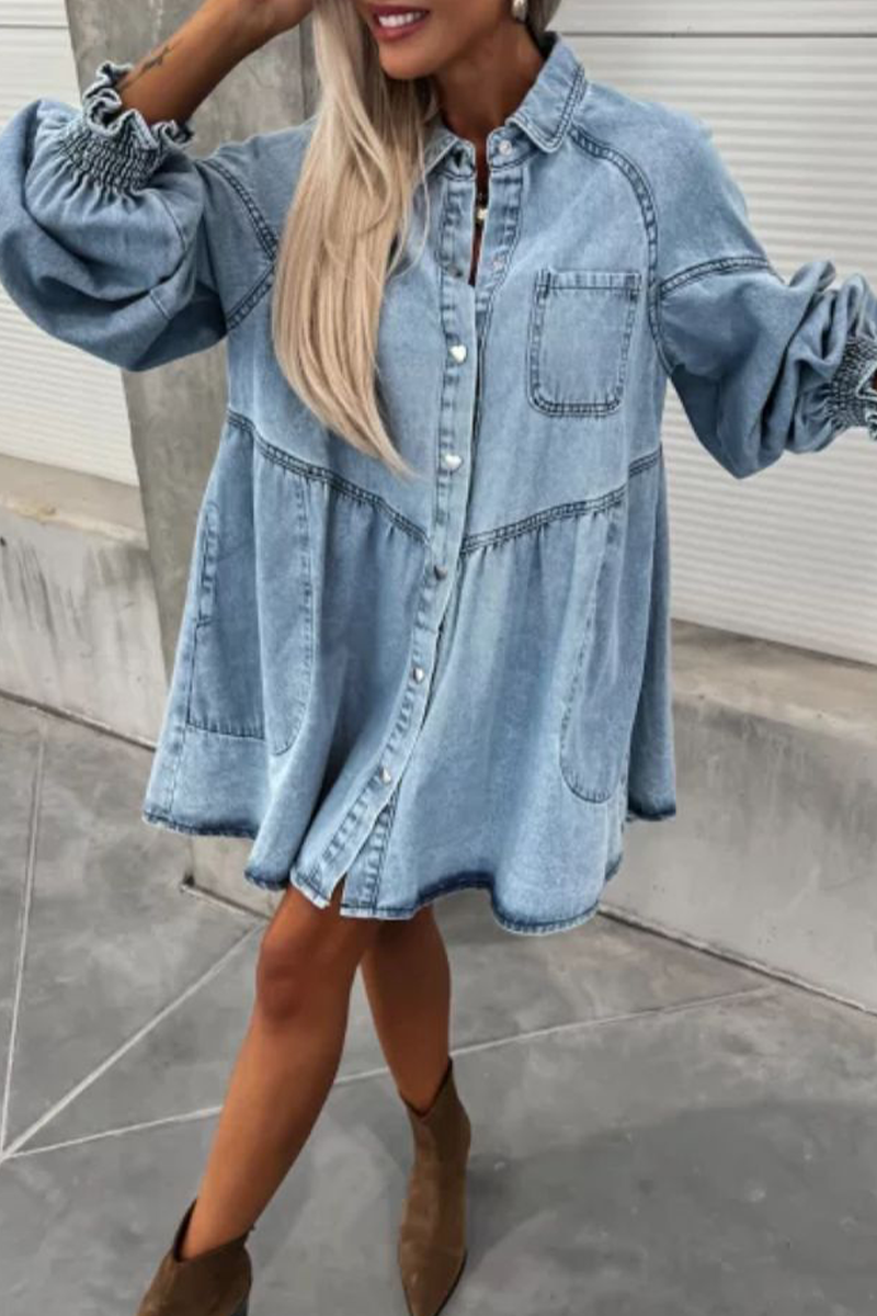 Vestidos vaqueros holgados informales de calle con bolsillos, botones, cuello vuelto, manga larga