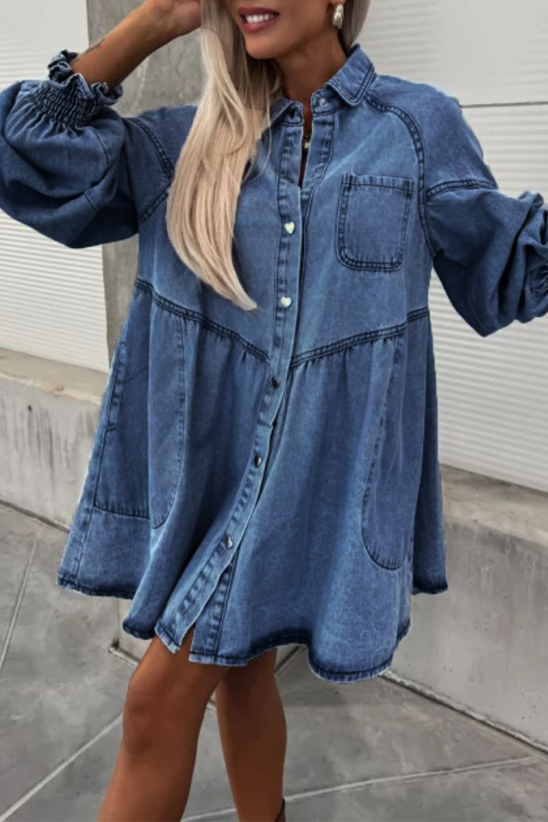 Vestidos vaqueros holgados informales de calle con bolsillos, botones, cuello vuelto, manga larga