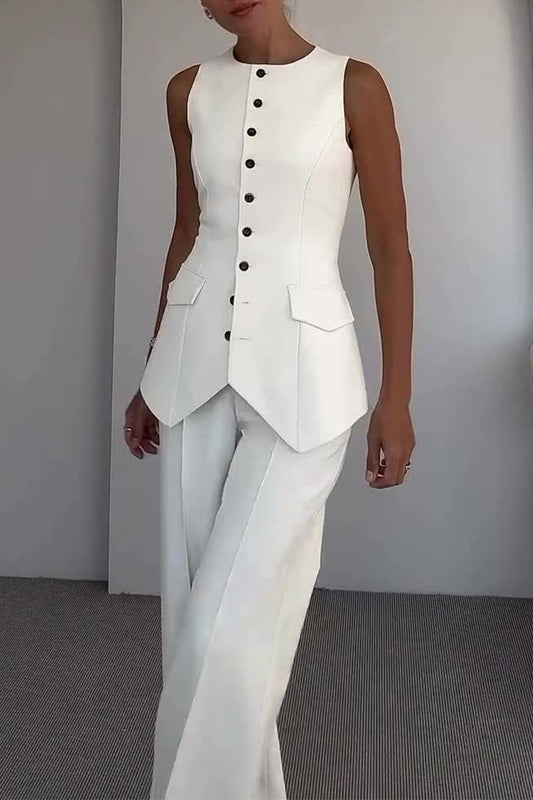 Conjunto de dos piezas sin mangas con cuello redondo y botones elegante para uso diario