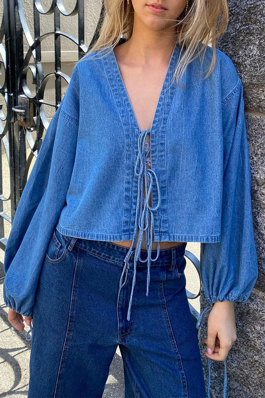 Prendas de abrigo informales de color sólido con cordones y cuello en V