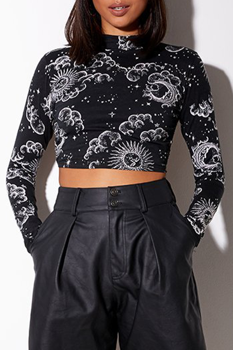 Blusa sexy de cuello alto con espalda descubierta, estampado geométrico de tótem nacional de calle, con cordones (10 colores)