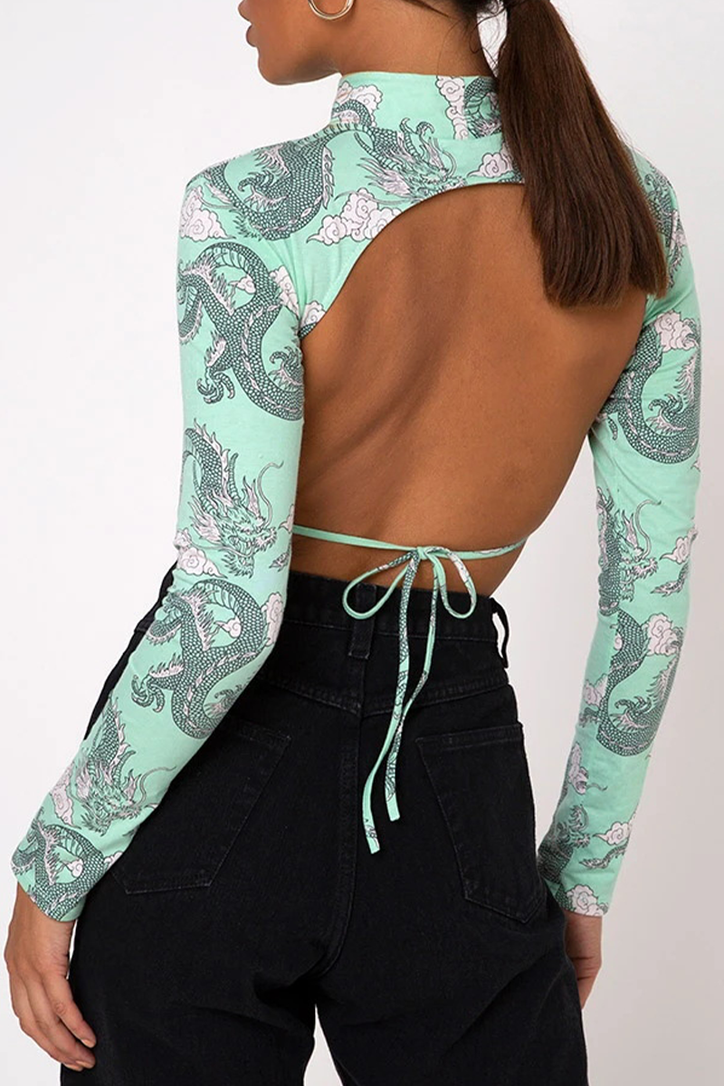 Blusa sexy de cuello alto con espalda descubierta, estampado geométrico de tótem nacional de calle, con cordones (10 colores)