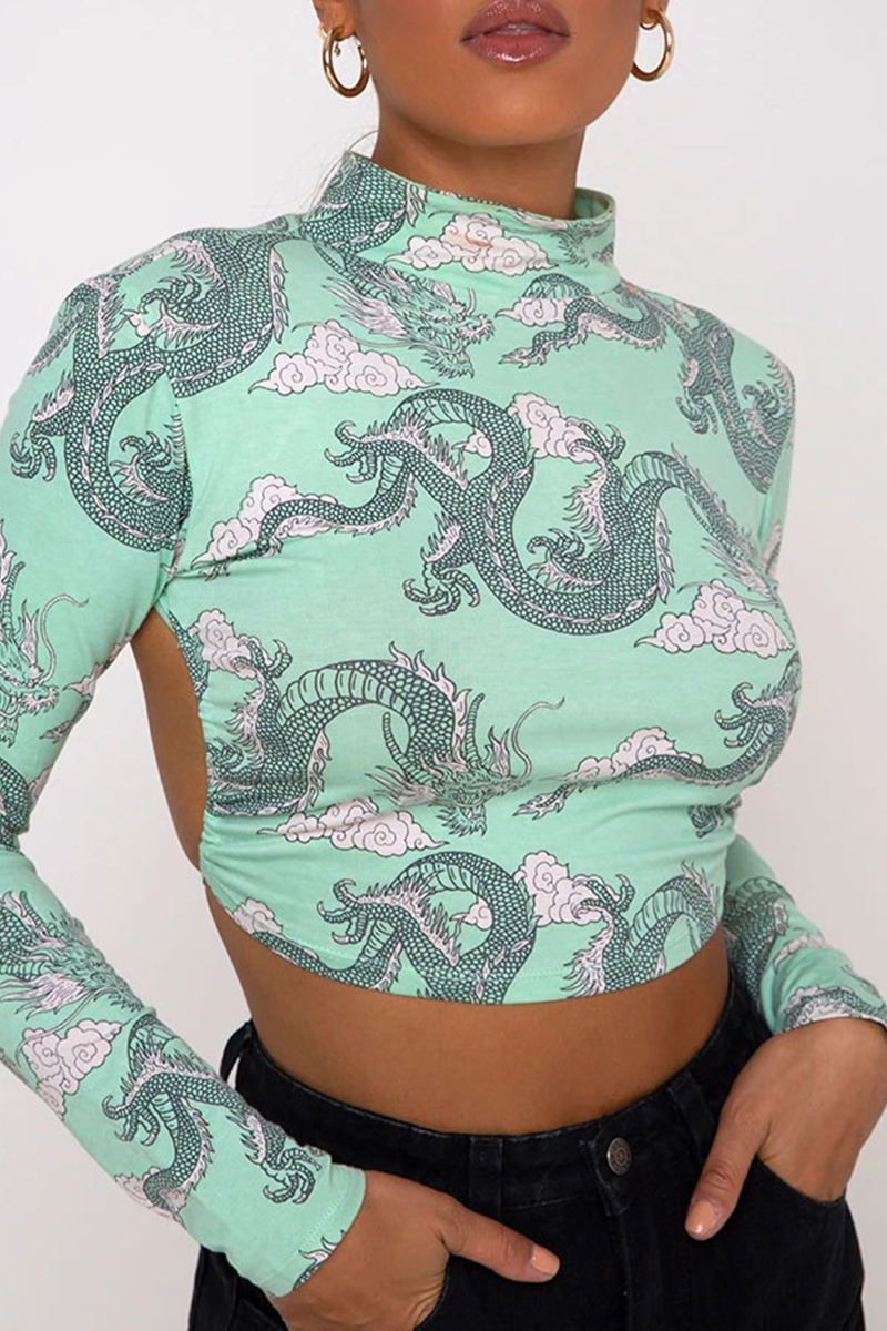 Blusa sexy de cuello alto con espalda descubierta, estampado geométrico de tótem nacional de calle, con cordones (10 colores)