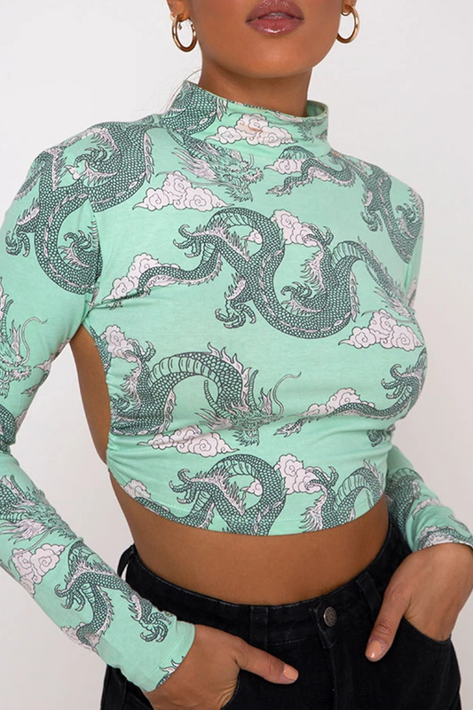 Blusa sexy de cuello alto con espalda descubierta, estampado geométrico de tótem nacional de calle, con cordones (10 colores)