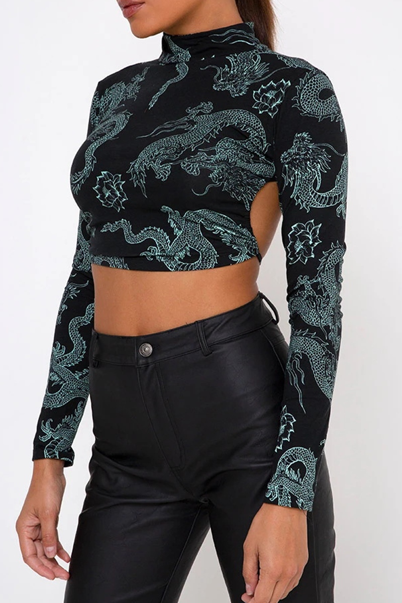 Blusa sexy de cuello alto con espalda descubierta, estampado geométrico de tótem nacional de calle, con cordones (10 colores)