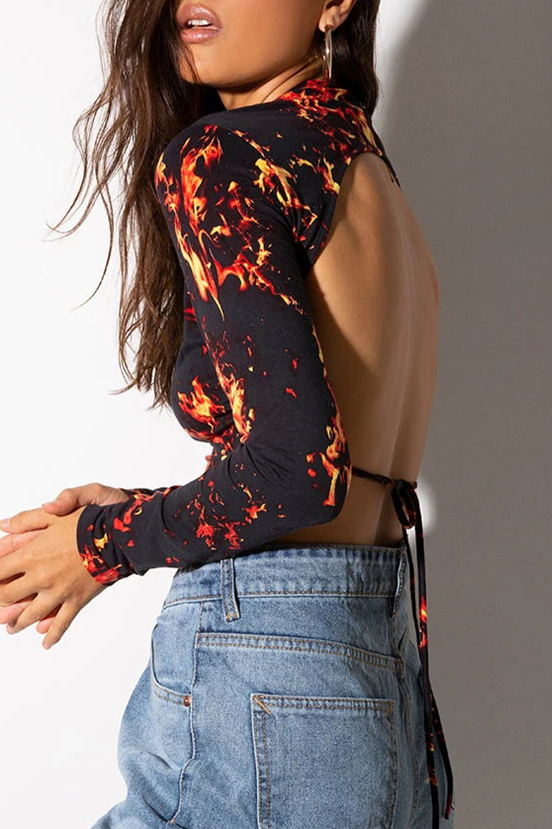 Blusa sexy de cuello alto con espalda descubierta, estampado geométrico de tótem nacional de calle, con cordones (10 colores)