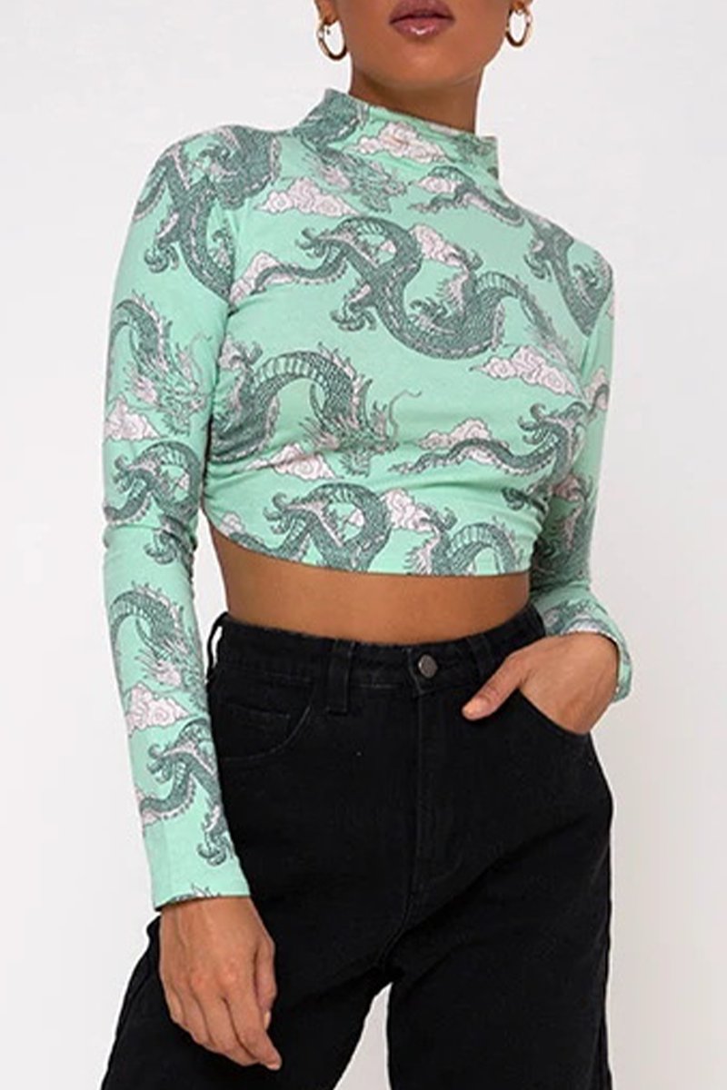 Blusa sexy de cuello alto con espalda descubierta, estampado geométrico de tótem nacional de calle, con cordones (10 colores)