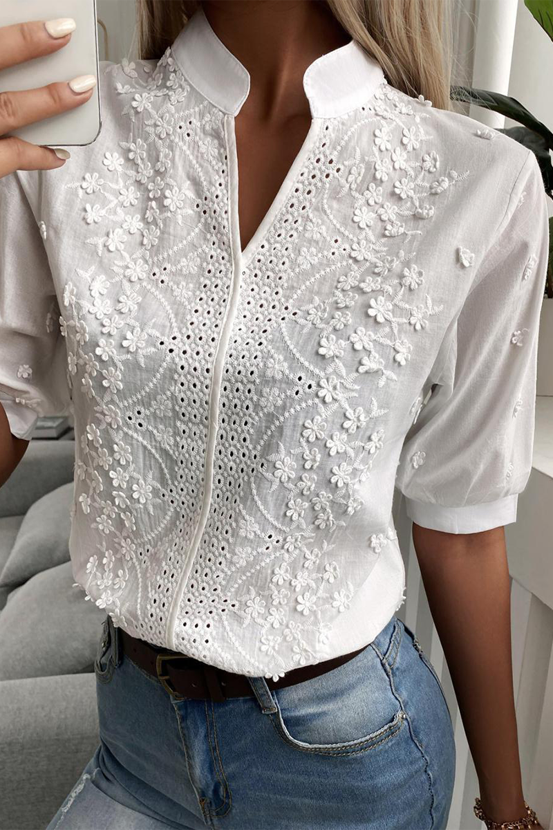 Blusas sexis de cuello mandarín con encaje de color sólido