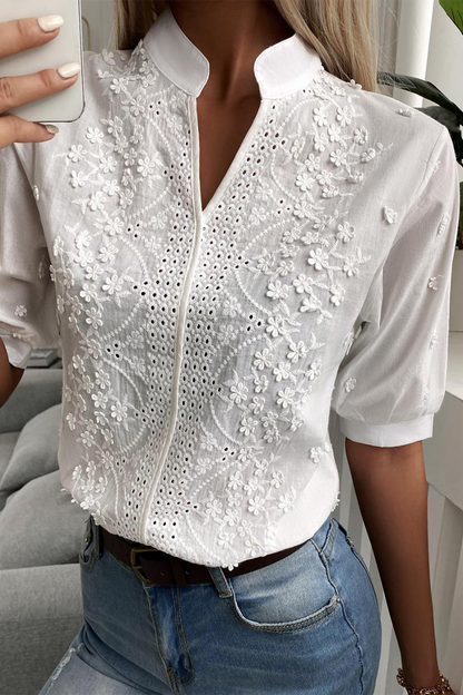 Blusas sexis de cuello mandarín con encaje de color sólido