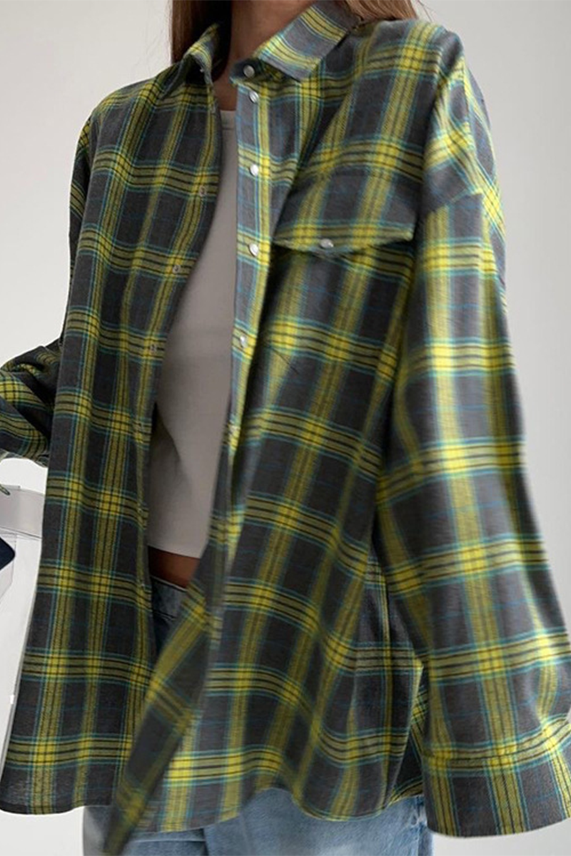 Blusa informal de calle con botones y bolsillos a cuadros, cuello vuelto en contraste (3 colores)