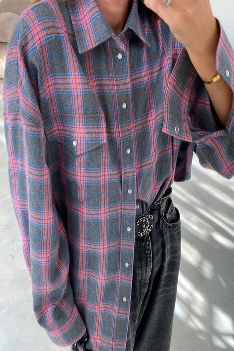 Blusa informal de calle con botones y bolsillos a cuadros, cuello vuelto en contraste (3 colores)