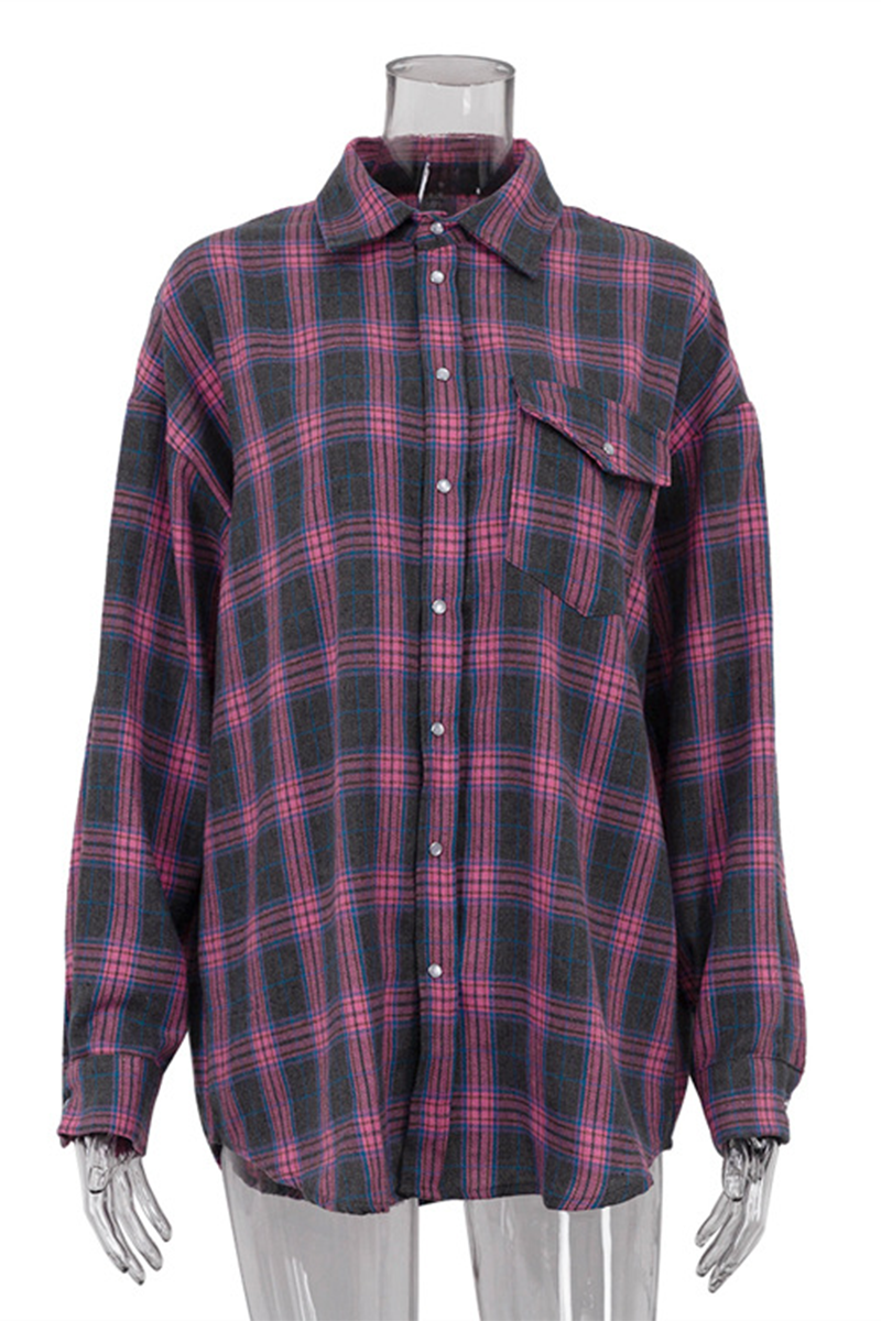 Blusa informal de calle con botones y bolsillos a cuadros, cuello vuelto en contraste (3 colores)