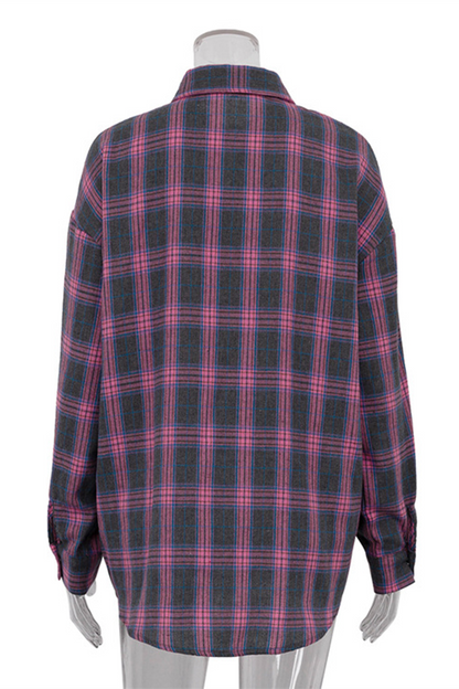 Blusa informal de calle con botones y bolsillos a cuadros, cuello vuelto en contraste (3 colores)