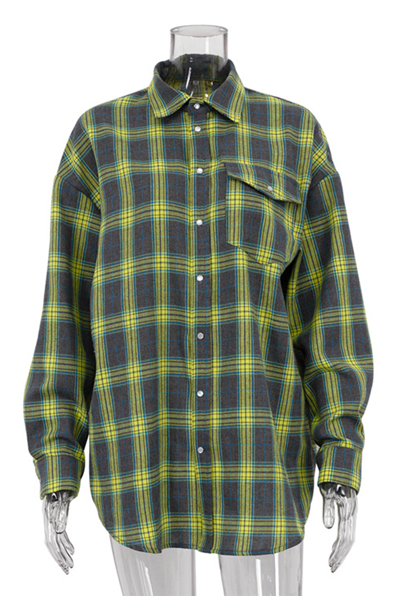 Blusa informal de calle con botones y bolsillos a cuadros, cuello vuelto en contraste (3 colores)