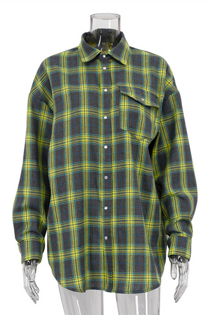 Blusa informal de calle con botones y bolsillos a cuadros, cuello vuelto en contraste (3 colores)