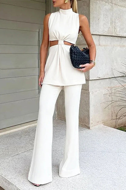 Conjunto informal de dos piezas con cuello alto, sin mangas y calado para calle