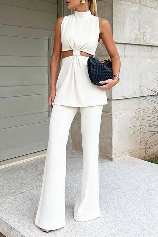 Conjunto informal de dos piezas con cuello alto, sin mangas y calado para calle
