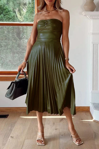 Vestidos sexis plisados sin tirantes de color sólido