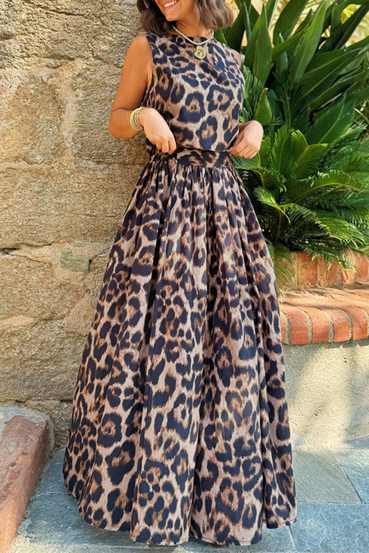Conjunto informal de dos piezas sin mangas con cuello redondo, espalda descubierta y estampado de leopardo para vacaciones