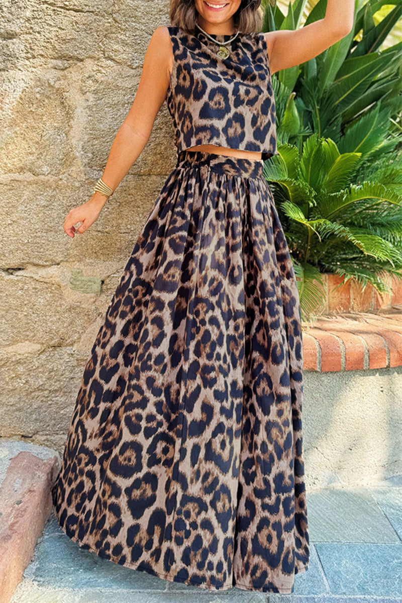 Conjunto informal de dos piezas sin mangas con cuello redondo, espalda descubierta y estampado de leopardo para vacaciones