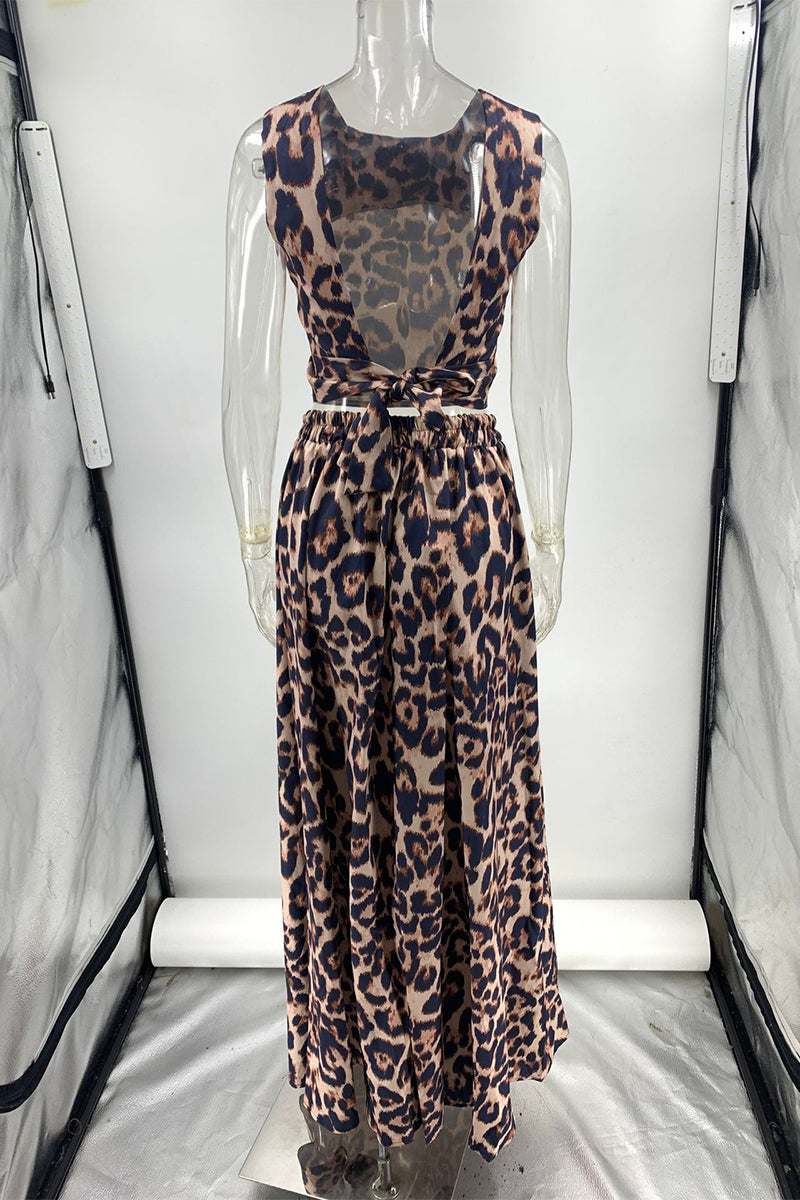 Conjunto informal de dos piezas sin mangas con cuello redondo, espalda descubierta y estampado de leopardo para vacaciones