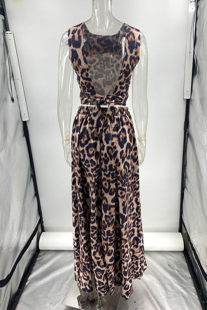 Conjunto informal de dos piezas sin mangas con cuello redondo, espalda descubierta y estampado de leopardo para vacaciones