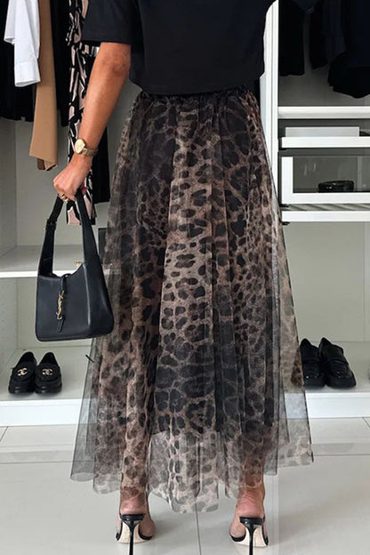 Pantalones de cintura alta holgados tipo A con estampado completo y contraste de leopardo elegantes para uso diario