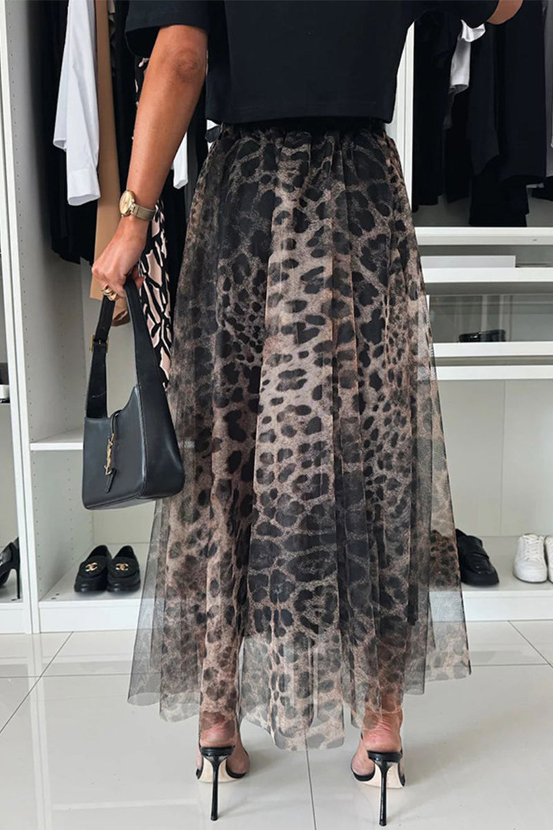 Pantalones de cintura alta holgados tipo A con estampado completo y contraste de leopardo elegantes para uso diario