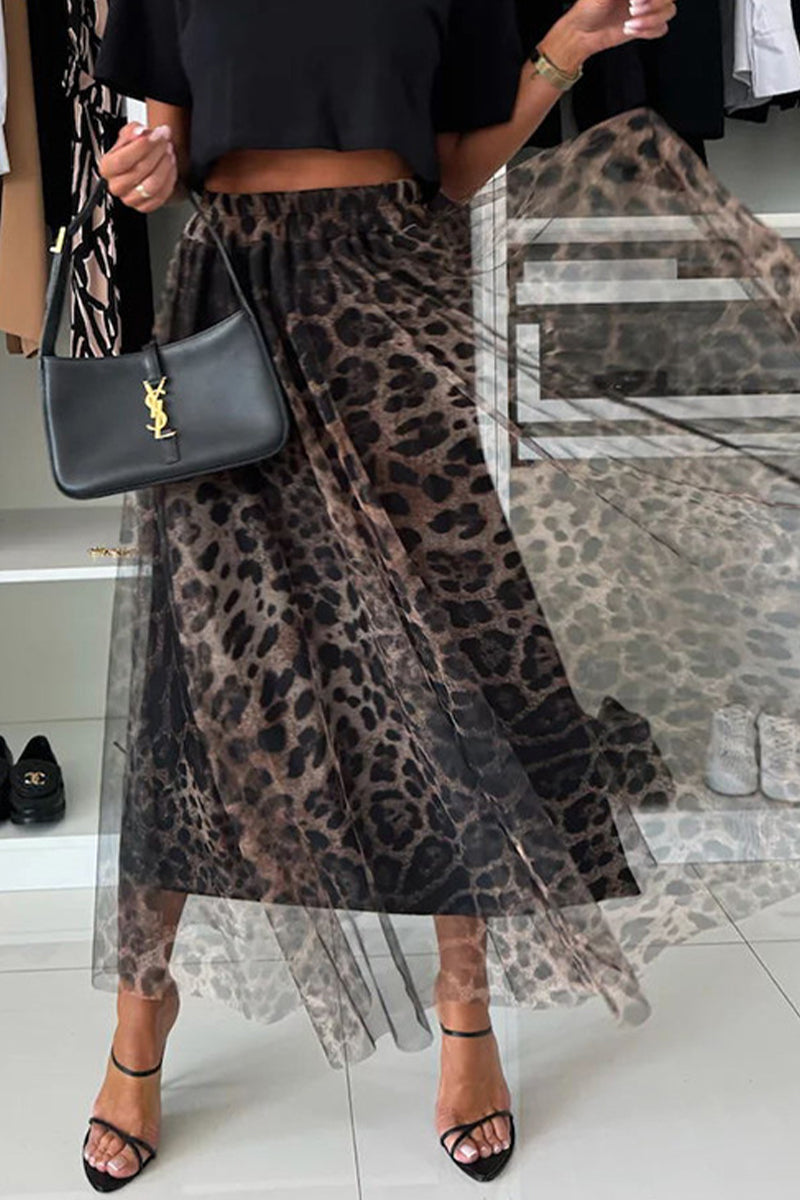 Pantalones de cintura alta holgados tipo A con estampado completo y contraste de leopardo elegantes para uso diario