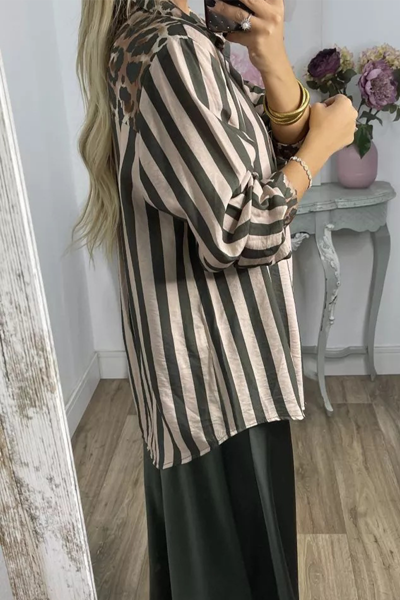 Blusas casuales con cuello camisero en contraste, con rayas y estampado de leopardo