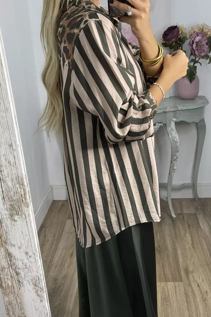 Blusas casuales con cuello camisero en contraste, con rayas y estampado de leopardo